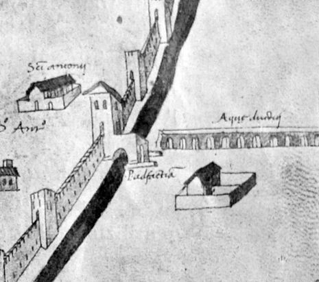 I resti dell'acquedotto romano di Firenze, presso la scomparsa Porta a Faenza (ove ora c'è la Fortezza da Basso), in una veduta della città del 1470 - da wikipedia