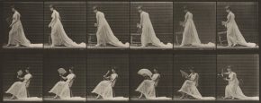 Si tratta di una fotografia che ritrae una sequenza di azioni con protagonista una sedia elaborata e un ventaglio. L'immagine complessiva è suddivisa in una griglia di dodici riquadri, disposti su due file da sei. Ogni riquadro sembra immortalare un istante di una sequenza di movimenti, ponendo l'accento sull'interazione tra la figura e la sedia. Nella fila superiore, i riquadri mostrano la figura mentre maneggia la sedia; quella inferiore si concentra invece sulla figura seduta, intenta a interagire con un ventaglio. Le linee della griglia sovrapposte alle immagini conferiscono un carattere di studio e analisi, mettendo in risalto l'evoluzione del movimento e dell'equilibrio.
